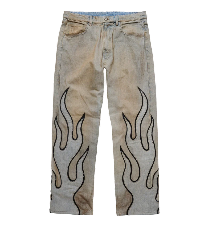 Warren Lotas Flame Leather Appliqué Denim Pants – Dirty Blue