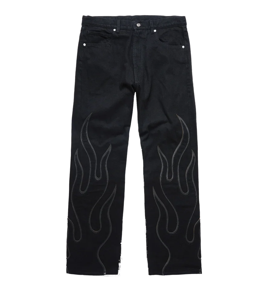 Warren Lotas Flame Leather Appliqué Denim Pants – Washed Black