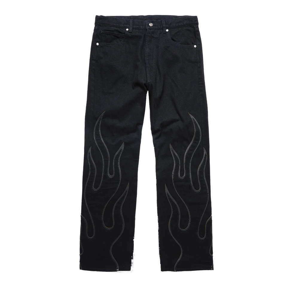 Warren Lotas Flame Leather Appliqué Denim Pants – Washed Black